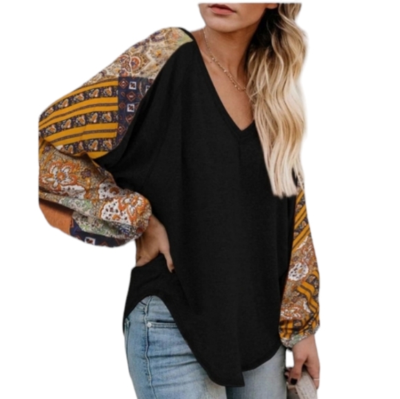 Beyove Women's Size Medium Boho Top Black with Lantern Style Patchwork Sleeves - Picture 2 of 8